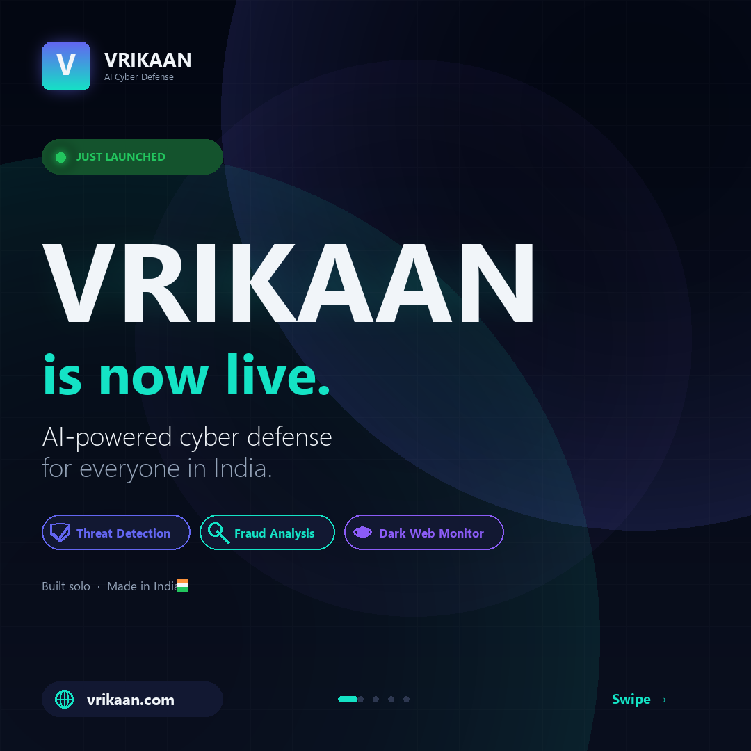 Launch card. A "just launched" badge over the wordmark VRIKAAN and the line "is now live — AI-powered cyber defence for everyone in India". Three pills: Threat Detection, Fraud Analysis, Dark Web Monitor. Footer reads built solo, made in India, vrikaan.com.